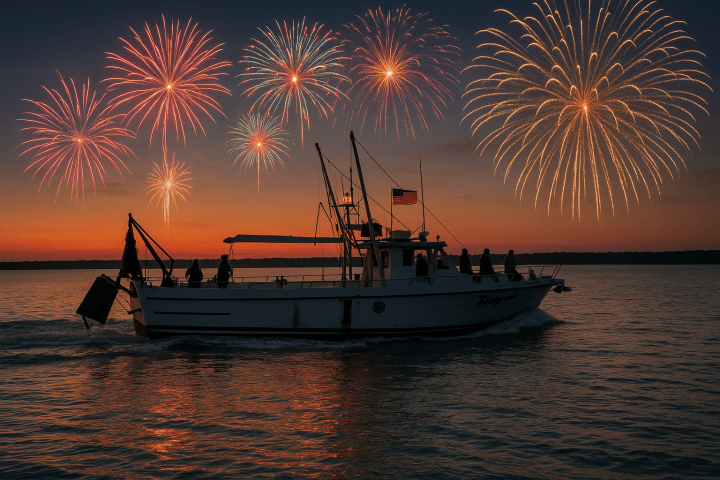 fireworks in the sky over a body of water