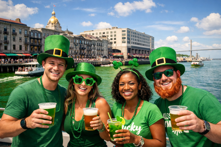 Four people in green St. Patrick's Day attire, holding drinks by a riverfront with a bridge in the background.