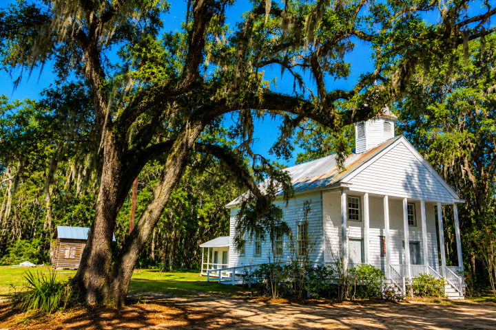 White church with large tree, sunny day, rural setting.