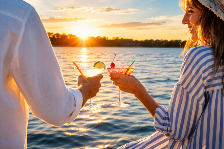 Two people at sunset by a lake with cocktails and a straw hat.