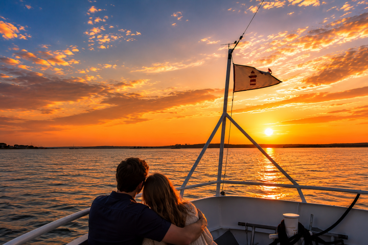 Couple embraces on boat deck at sunset with orange sky and flag.