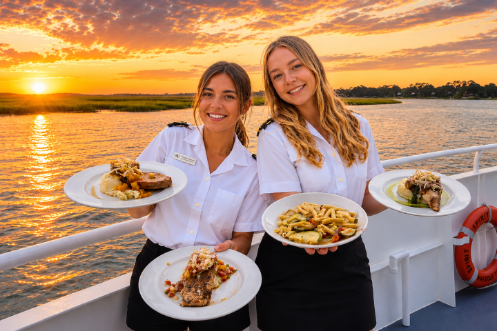 Two women in uniforms holding plates of food on a boat at sunset.