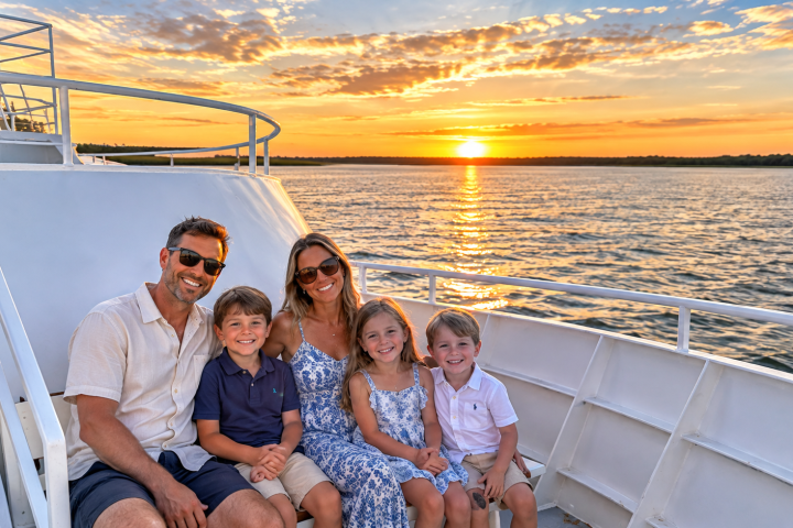 Family of five smiling on a boat at sunset with calm water.