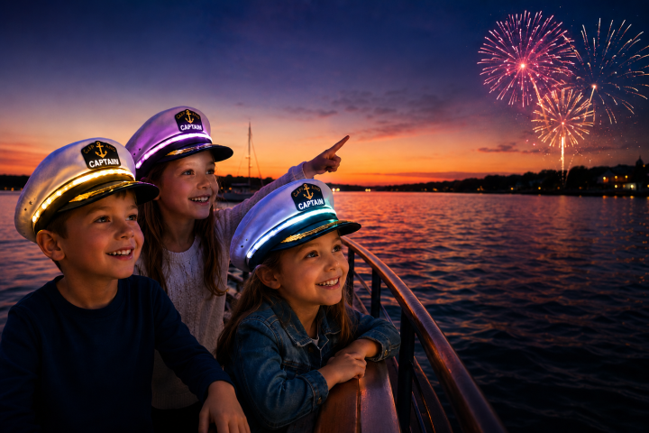 Three children in captain hats watch fireworks from a boat at sunset.