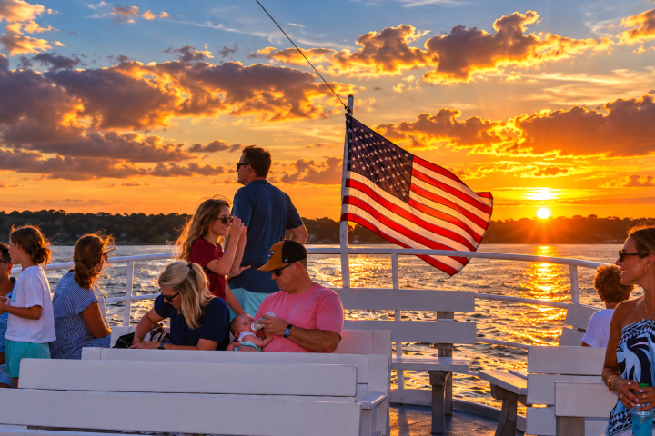 People on a boat at sunset with an American flag and vibrant sky.
