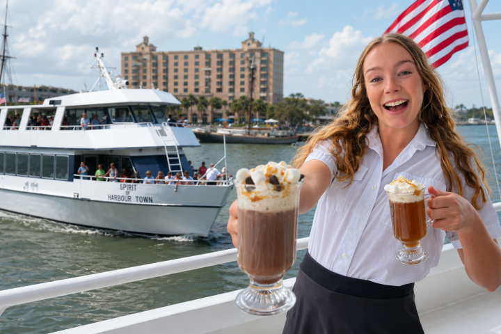 Woman holding two drinks on a boat with another boat and a building in the background.