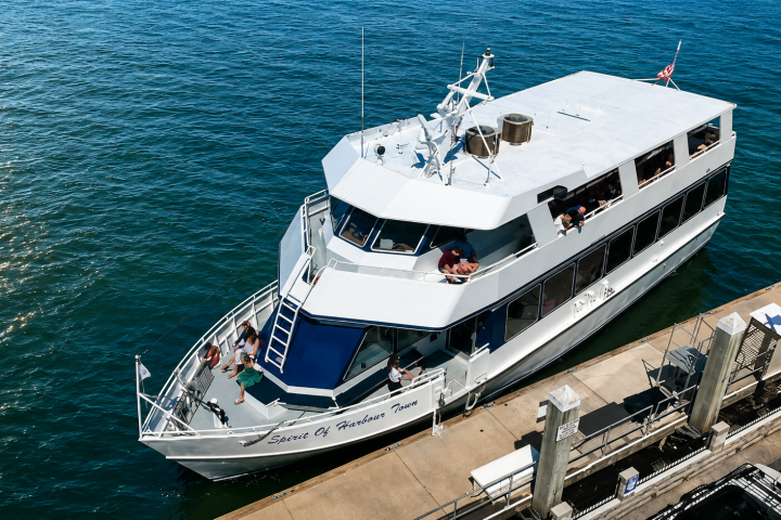 White tour boat docked at a pier with people on board.
