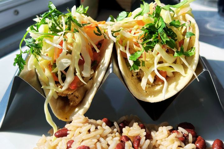 a dish is filled with food