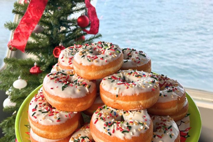Plate of sprinkled donuts by a Christmas tree and ocean view.