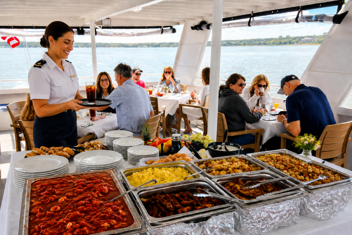 Buffet on a boat with people dining and a server holding drinks.