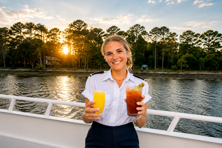 Smiling person on a boat holding two drinks, with a sunset over trees in the background.