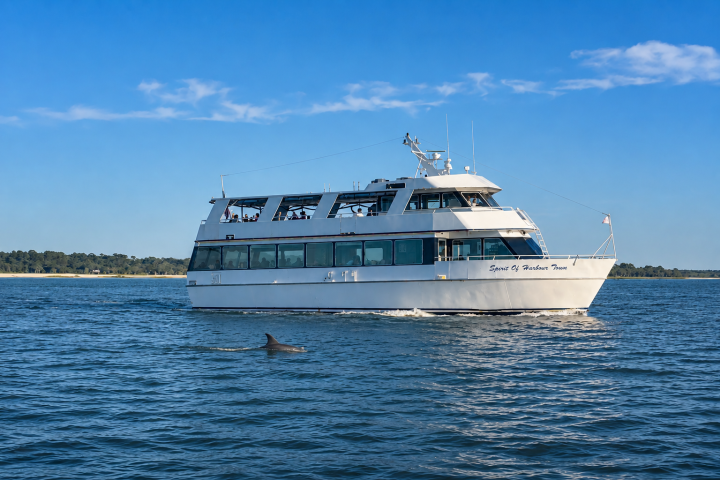 White tour boat on blue water with a dolphin fin visible nearby.