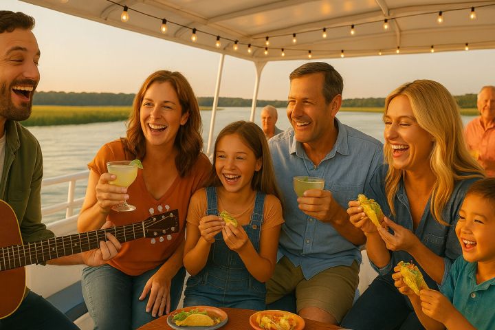 a group of people standing next to a guitar
