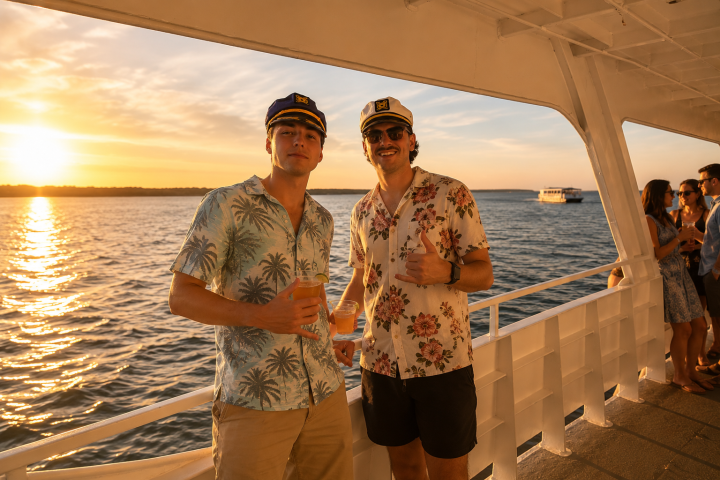 Two men in captain hats on a sunset boat, holding drinks and smiling.