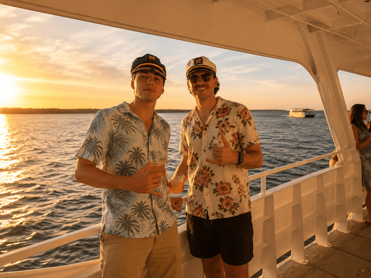 Two men in captain hats on a sunset boat, holding drinks and smiling.