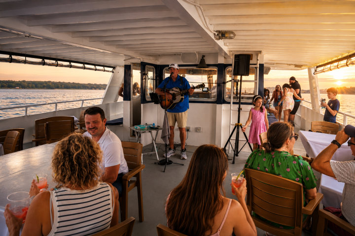 People seated on a boat deck enjoying live guitar music at sunset.