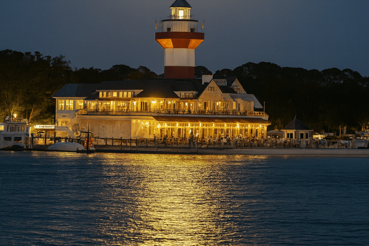 Full moon above a lighthouse by water, with reflections on the water surface.