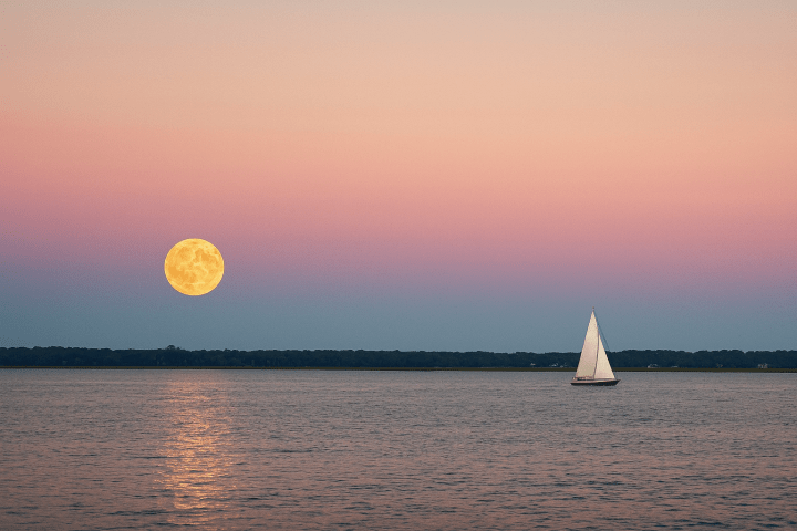 Sailboat on water at sunset with a full moon rising in the pink and blue sky.