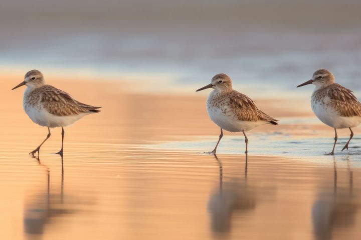 Three shorebirds walking along a wet sand beach at sunrise.