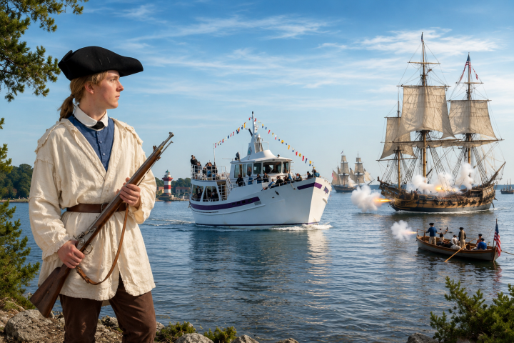 Historical reenactor with musket watches ships in a maritime scene.