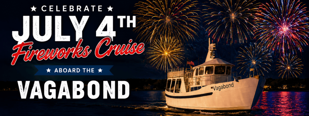 Boat labeled Vagabond under fireworks with 'July 4th Fireworks Cruise' text.