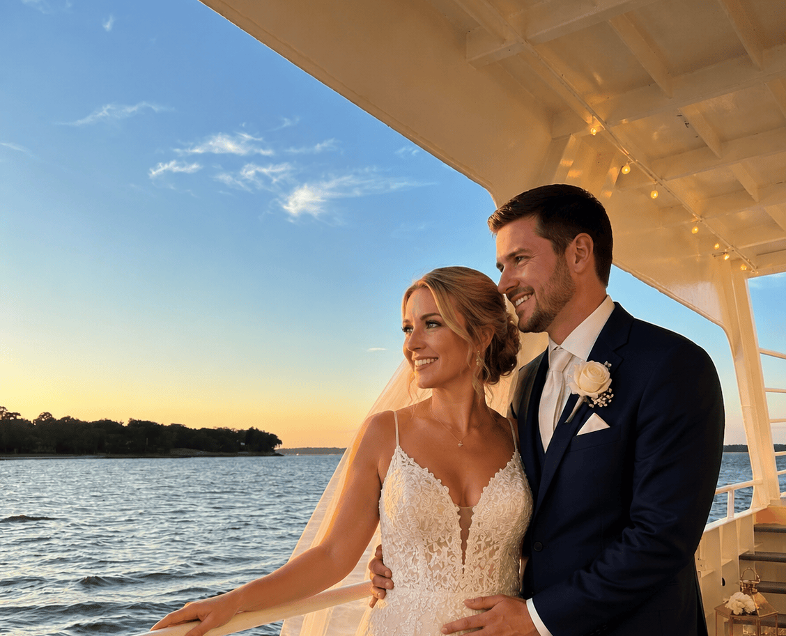 Bride and groom smiling on a boat at sunset with water in the background.