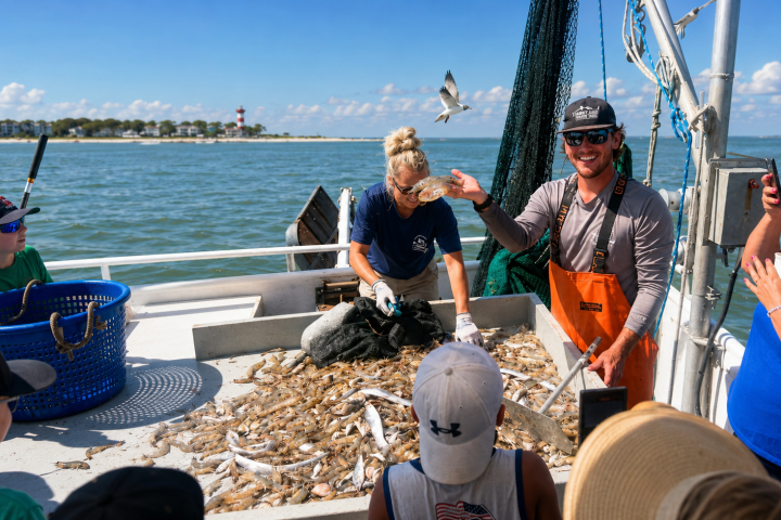 People on a boat sorting seafood with a seagull flying nearby.