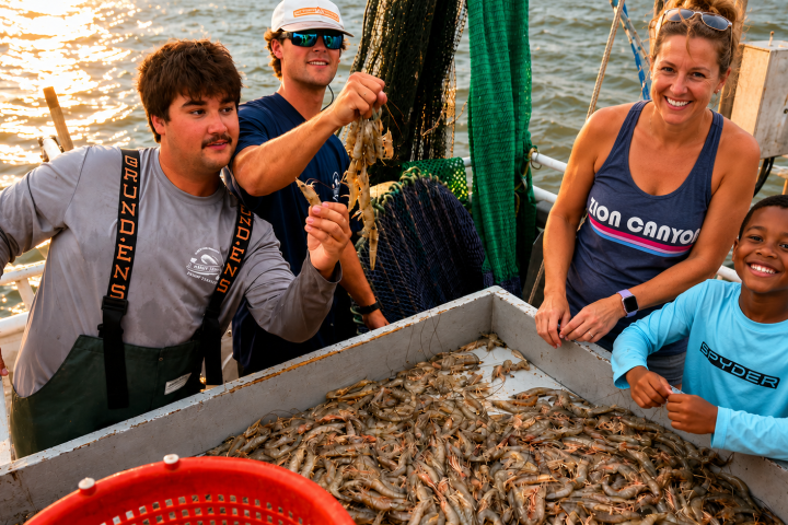 Group of four people on a boat with a tub of shrimp, smiling.