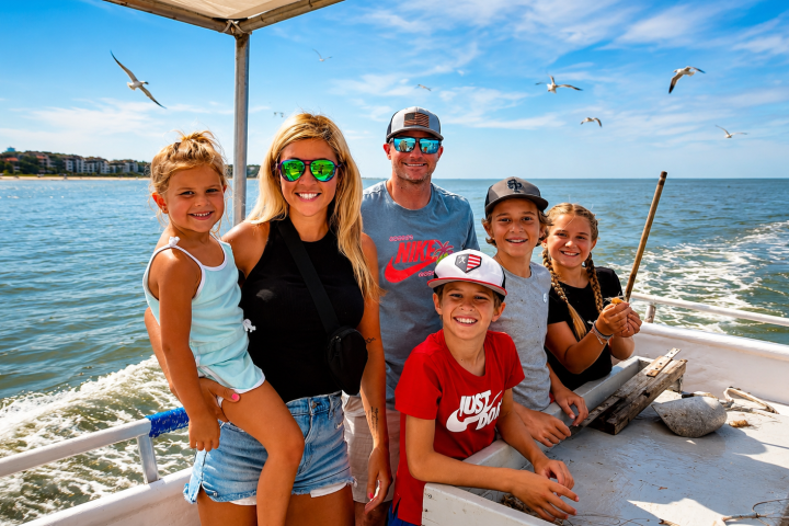 Family on a boat with seagulls and coastline in background, sunny weather.