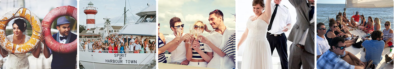 Collage of people at a beach and boat event, celebrating and socializing.