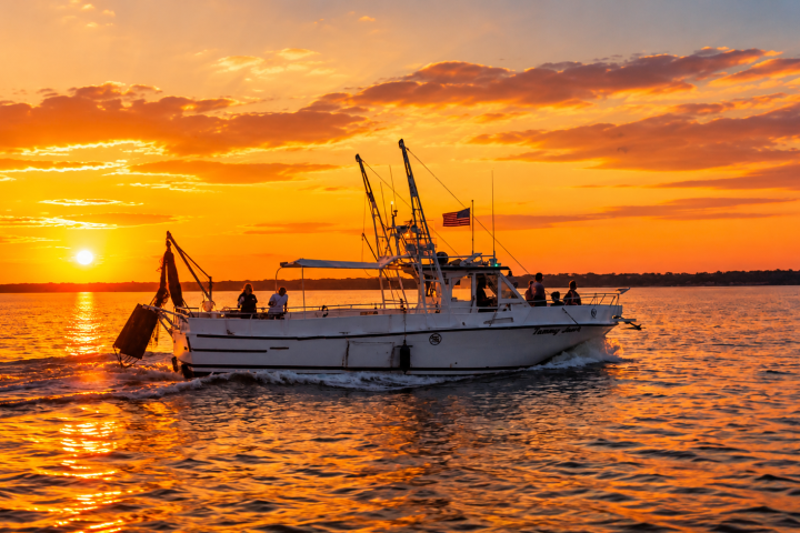 Small fishing boat on water at sunset with orange sky.