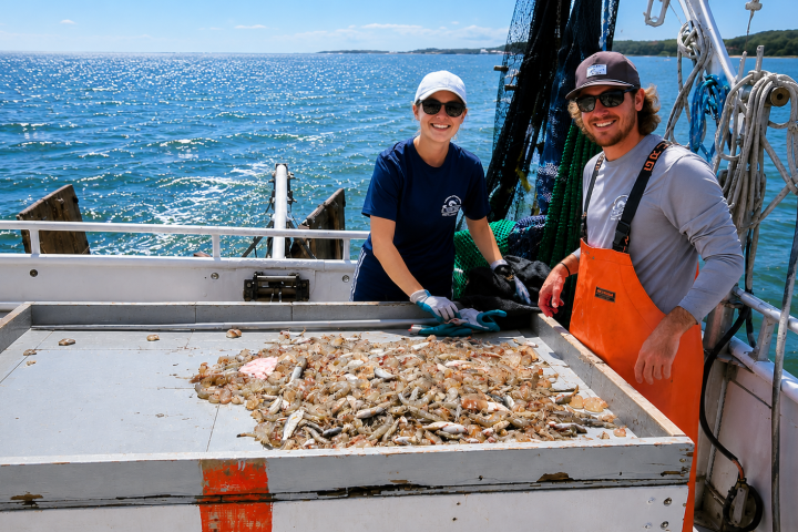 Two people sorting shrimp on a boat in the ocean.