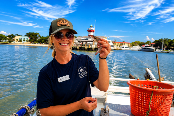 Person holding a shrimp on a boat with a lighthouse in the background.