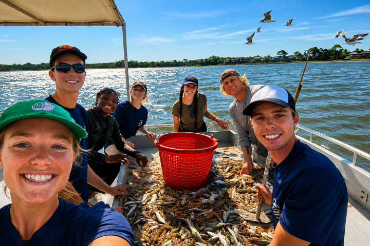Group of people on a boat with a catch of fish and birds flying overhead.