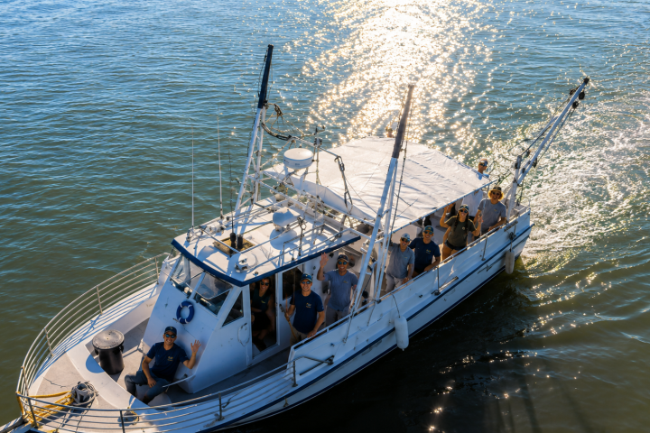 A fishing boat with people on board sails on a sunny day.