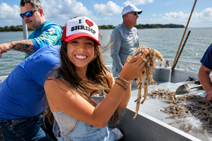 Woman on boat holds shrimp, wearing 'I ❤️ Shrimp' hat, with people around her.