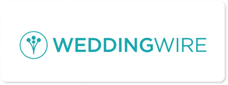 WeddingWire logo with teal text and floral icon.