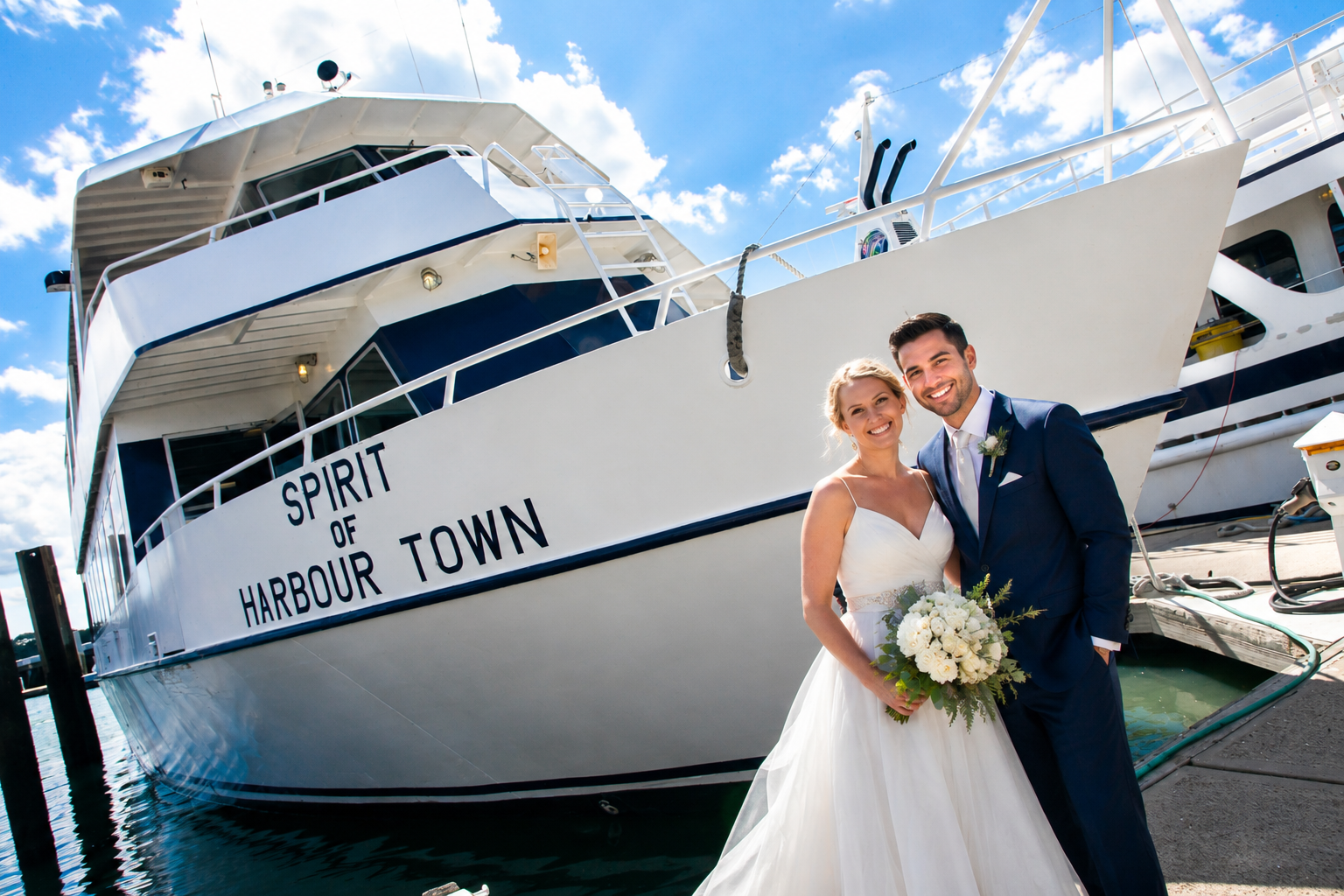 Bride and groom smiling in front of a docked boat with 'Spirit of Harbour Town' on it.