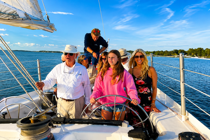 Group of people on a sailboat with a girl steering, under a clear blue sky.