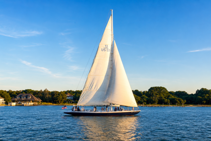Sailboat on calm water with trees in background, clear sky.