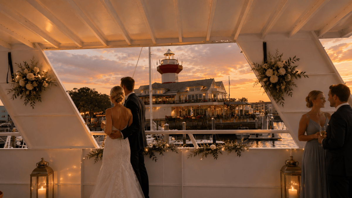 Couples on a boat at sunset with lighthouse view.