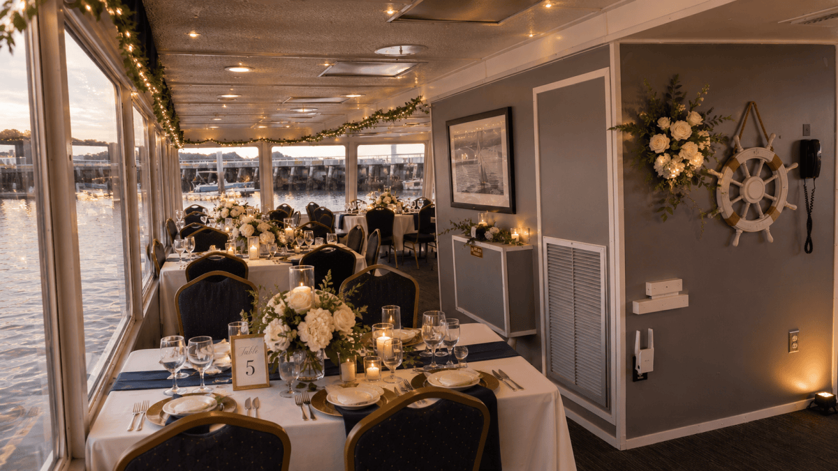 Elegant banquet hall on a boat with white flowers and nautical decor.