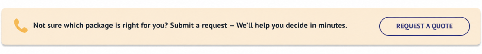 Banner with quote request button and package decision help message.