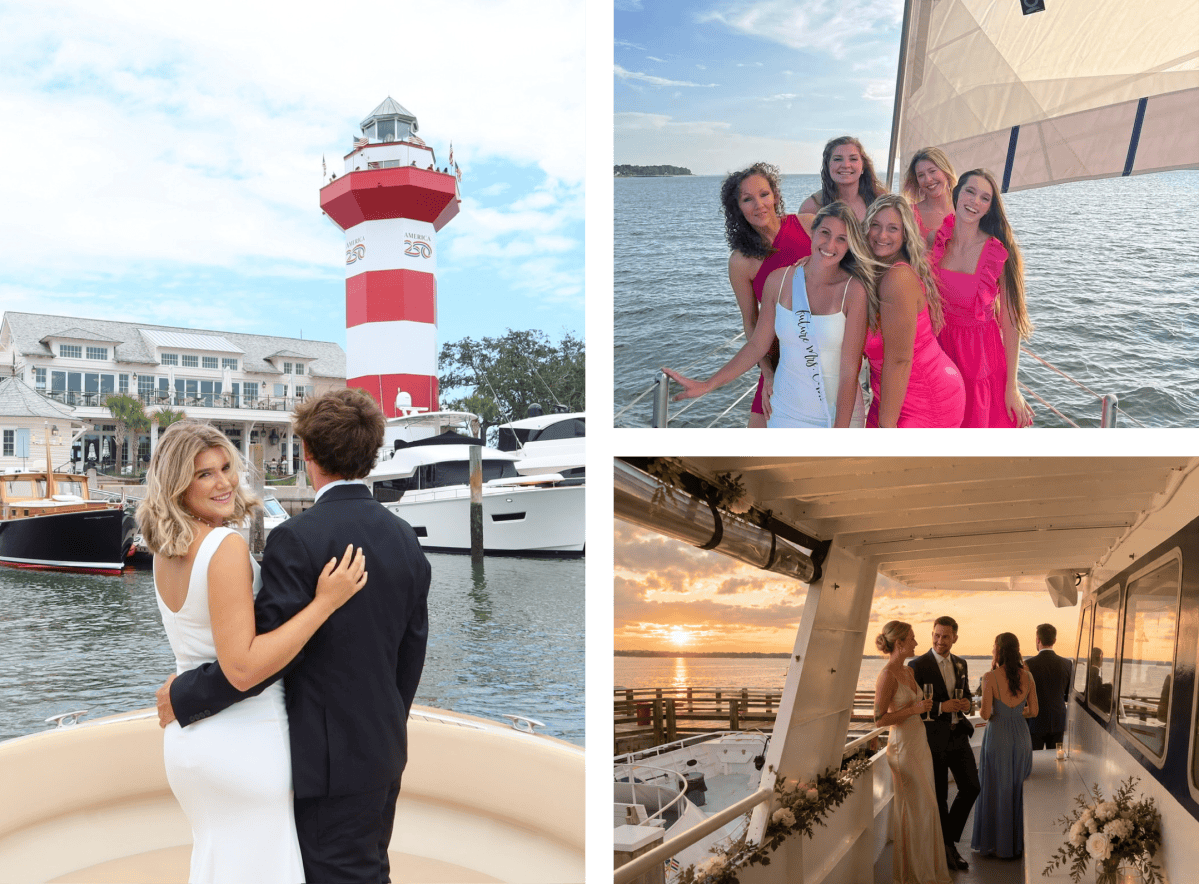 Collage: Couple near lighthouse; group of women on boat; couple on decorated boat at sunset.